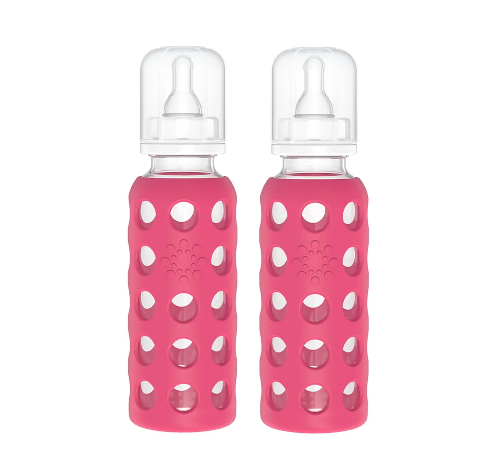 Lifefactory Raspberry baby bottle pack-2 ready for feeding with easy grip and safe materials.