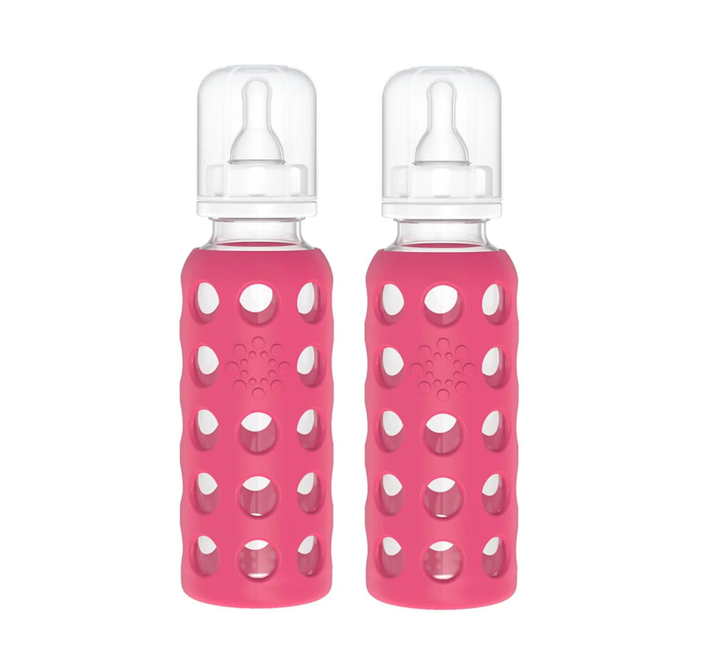 Lifefactory Raspberry baby bottle pack-2 ready for feeding with easy grip and safe materials.