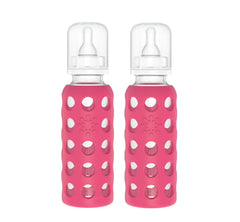 Lifefactory Raspberry baby bottle pack-2 ready for feeding with easy grip and safe materials.