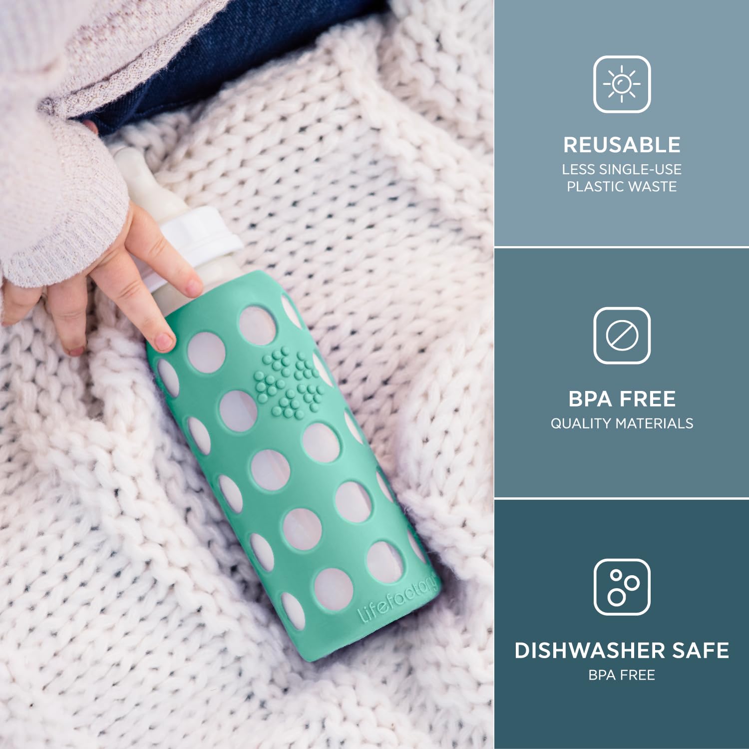 Lifefactory silicone sleeve on Kale bottle for secure grip and drop protection