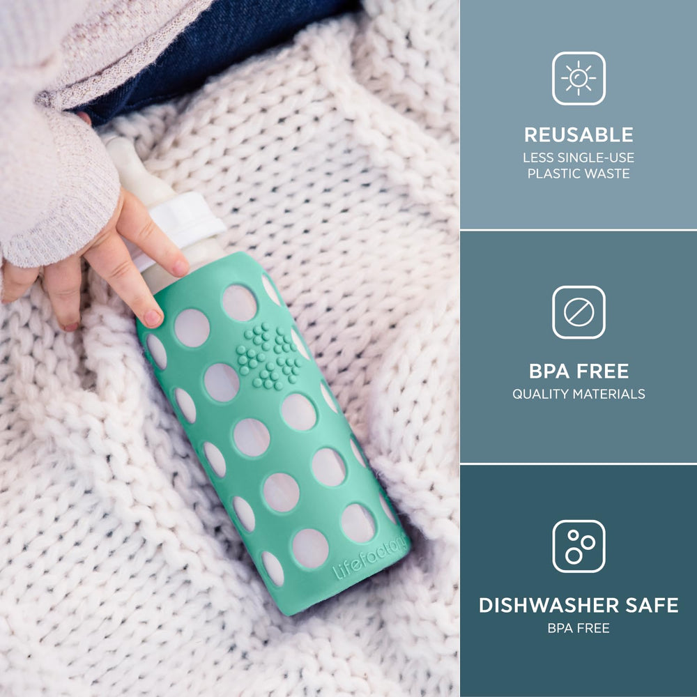 Lifefactory silicone sleeve on Kale bottle for secure grip and drop protection