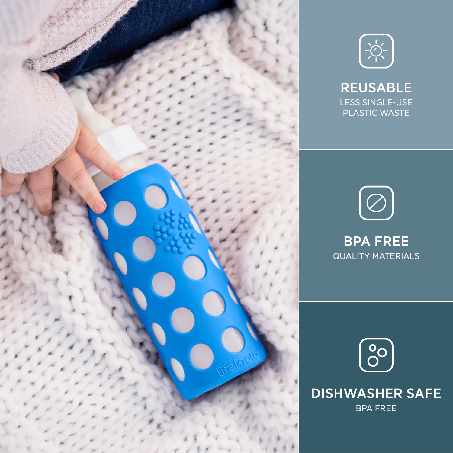 Lifefactory cobalt blue bottle with sleeve for easy handling by babies.