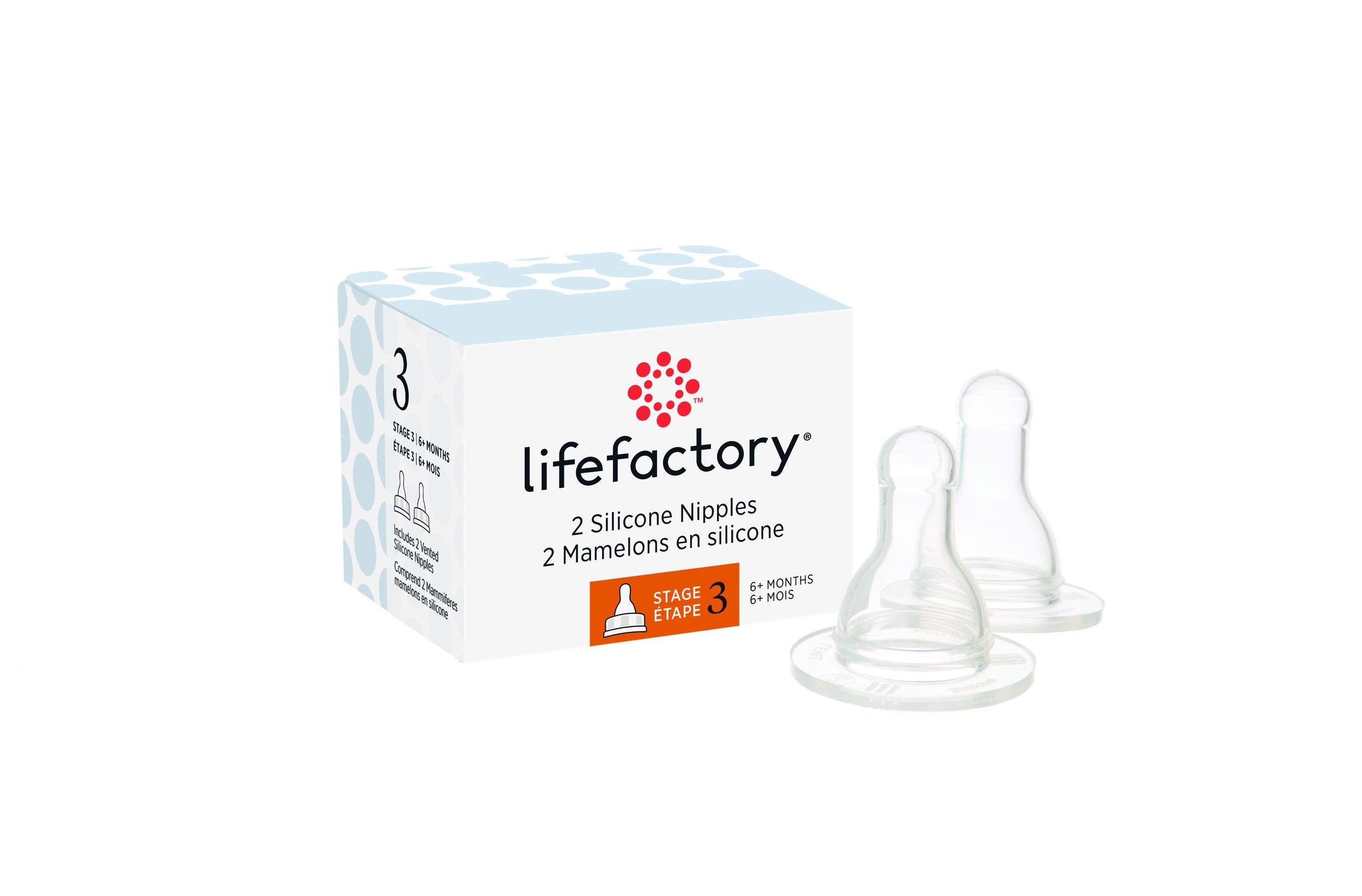 Lifefactory Stage 3 nipple 2-pack vented design supports steady feeding.