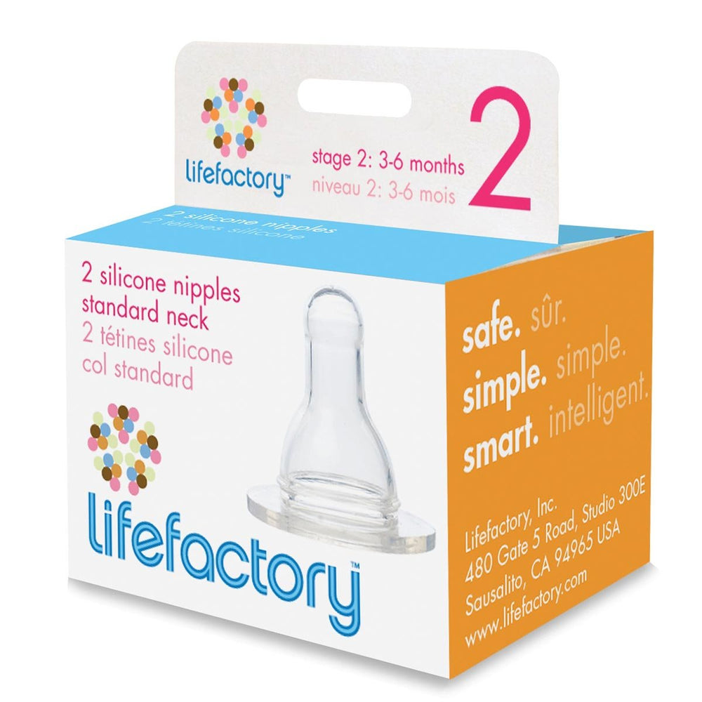 Lifefactory vented silicone nipple Stage 2 fits wide-neck bottles for 3–6 months.