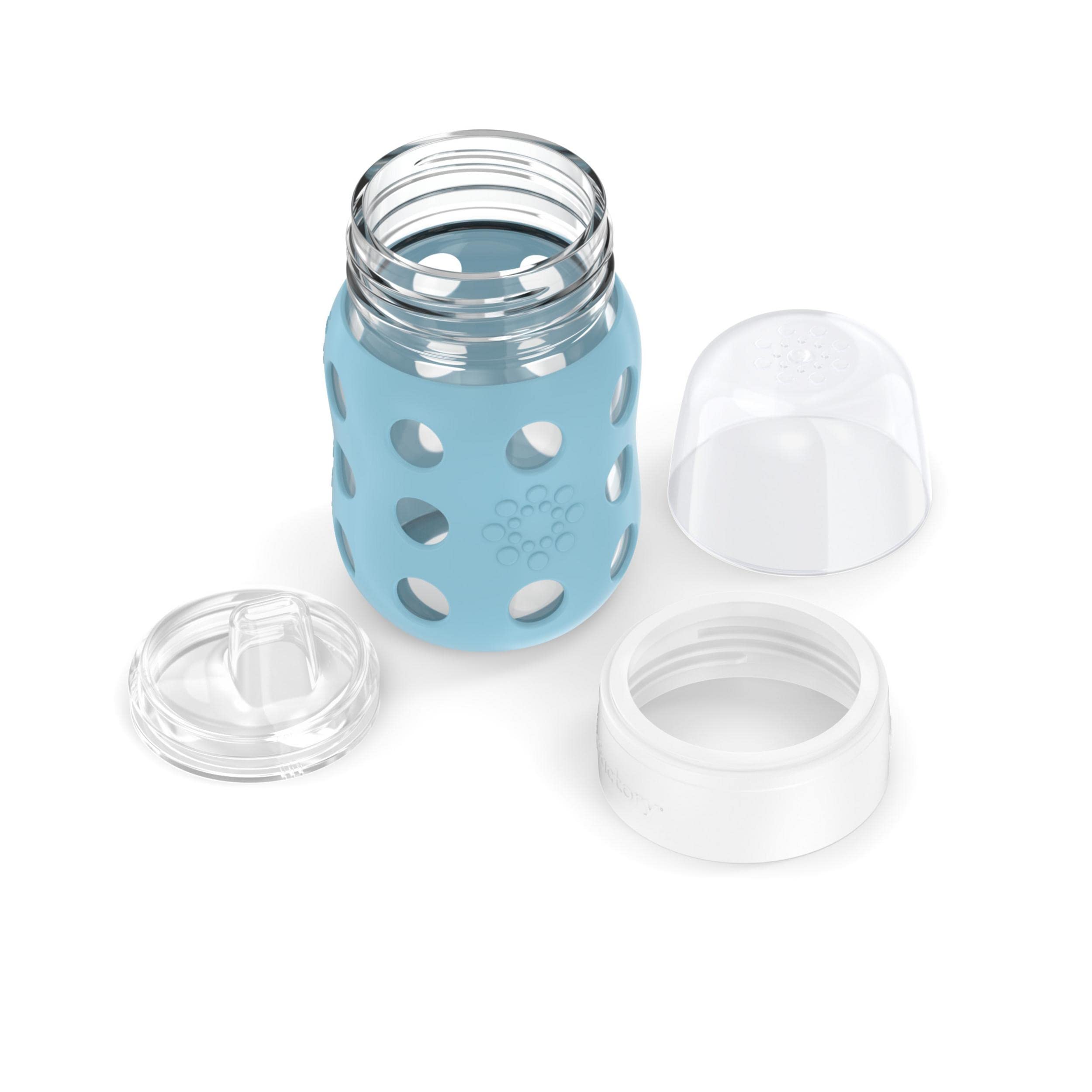 Lifefactory wide-neck bottle with grip-friendly design enables easy handling.