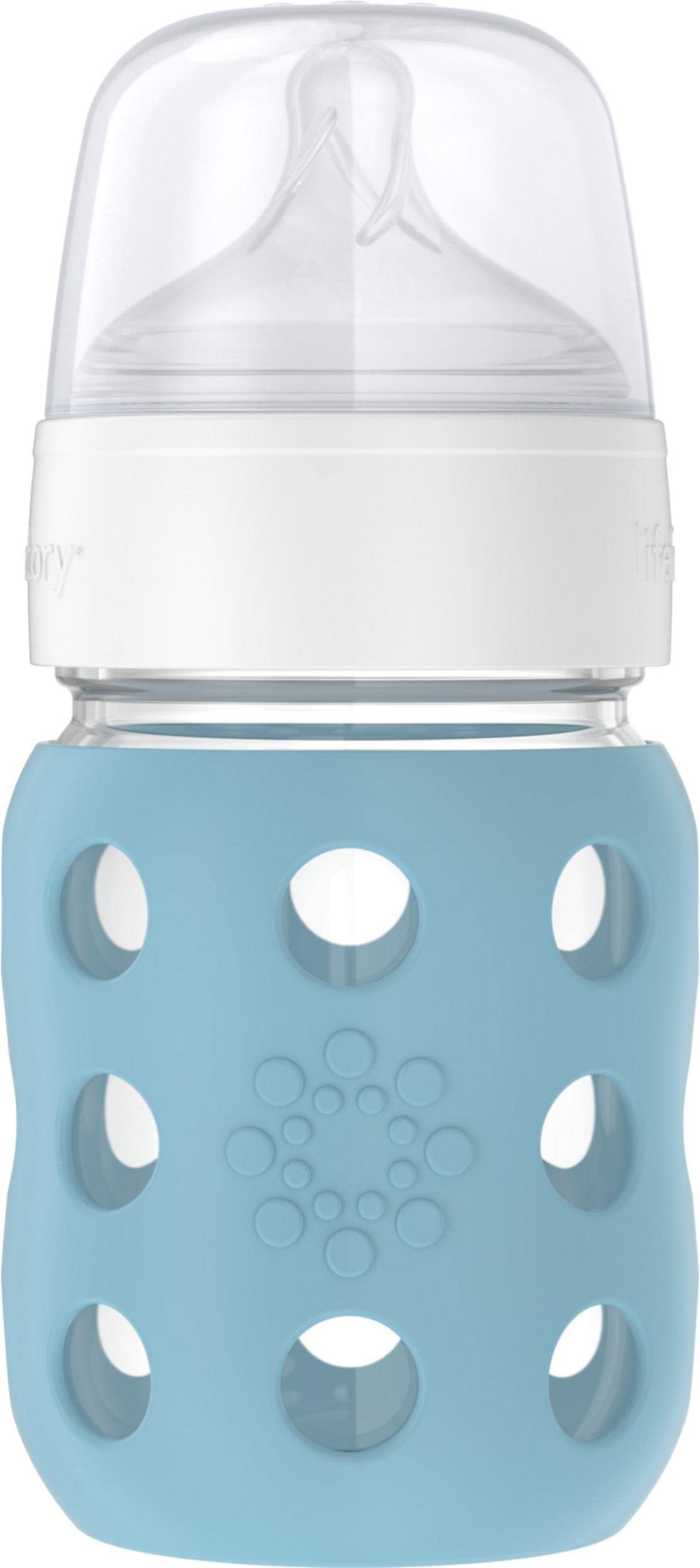 Lifefactory wide-neck denim sleeve bottle with easy-grip silicone cover.