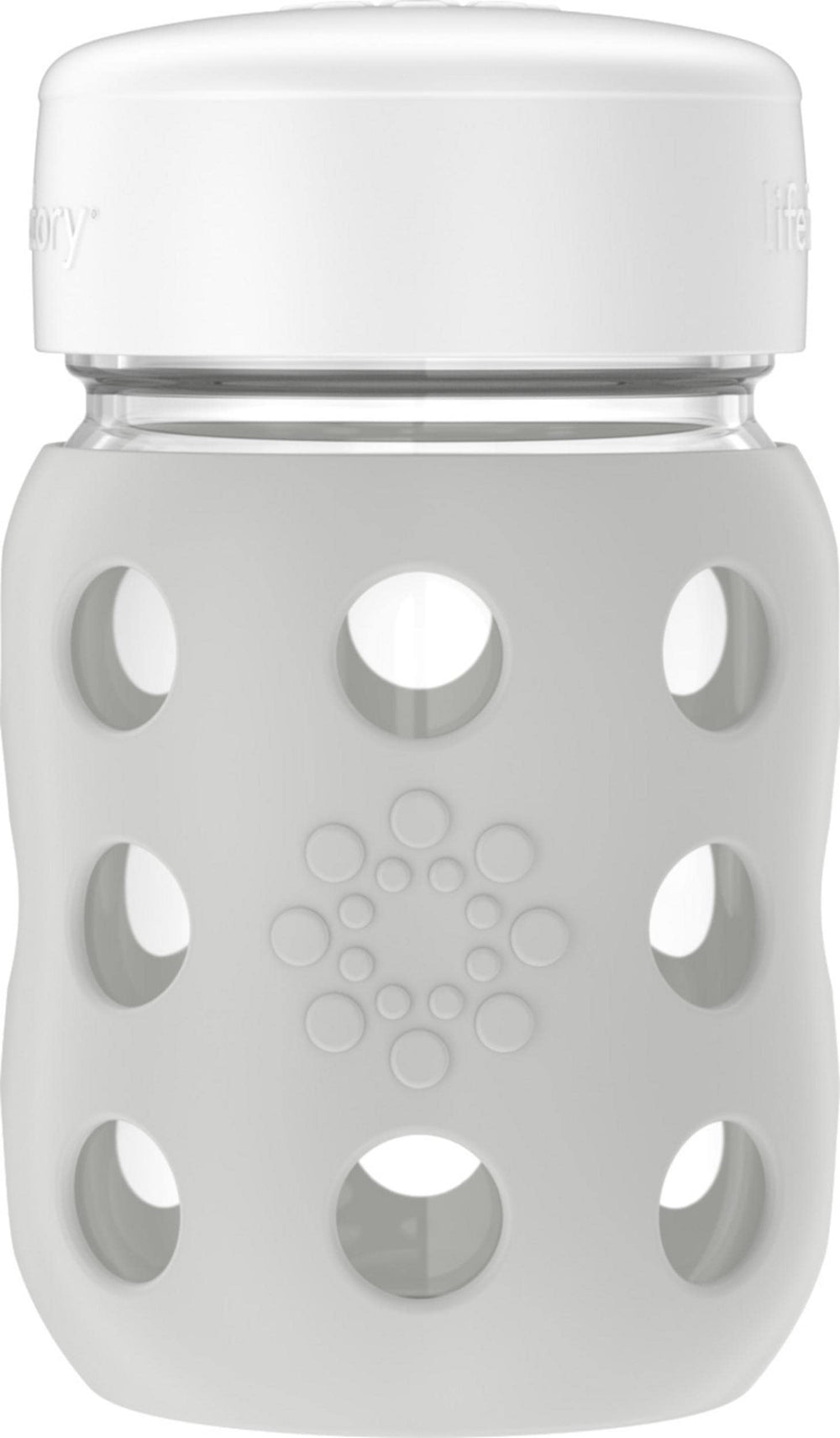 Lifefactory wide-neck glass baby bottle 8oz with stone gray silicone sleeve for easy filling and grip