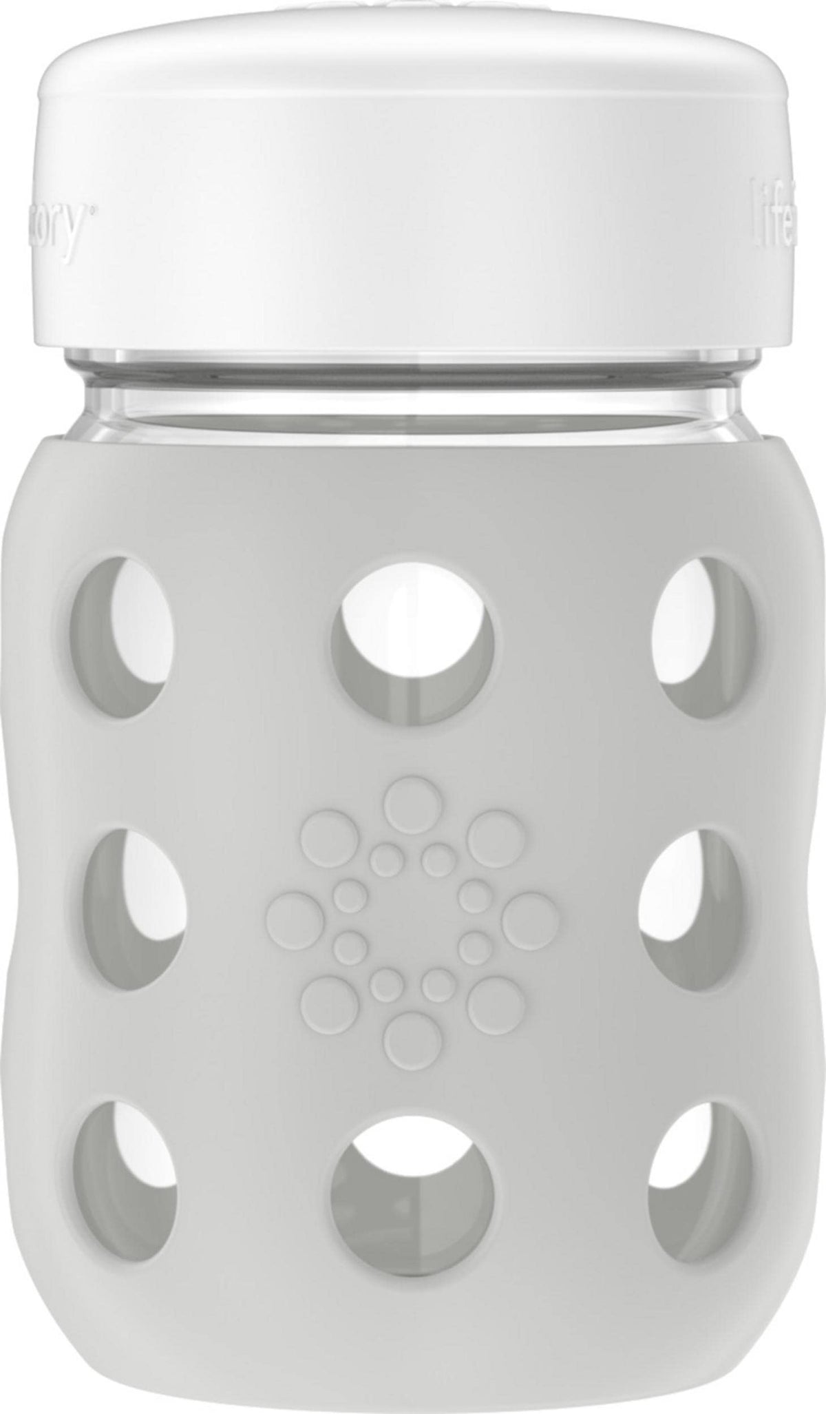 Lifefactory wide-neck glass baby bottle 8oz with stone gray silicone sleeve for easy filling and grip