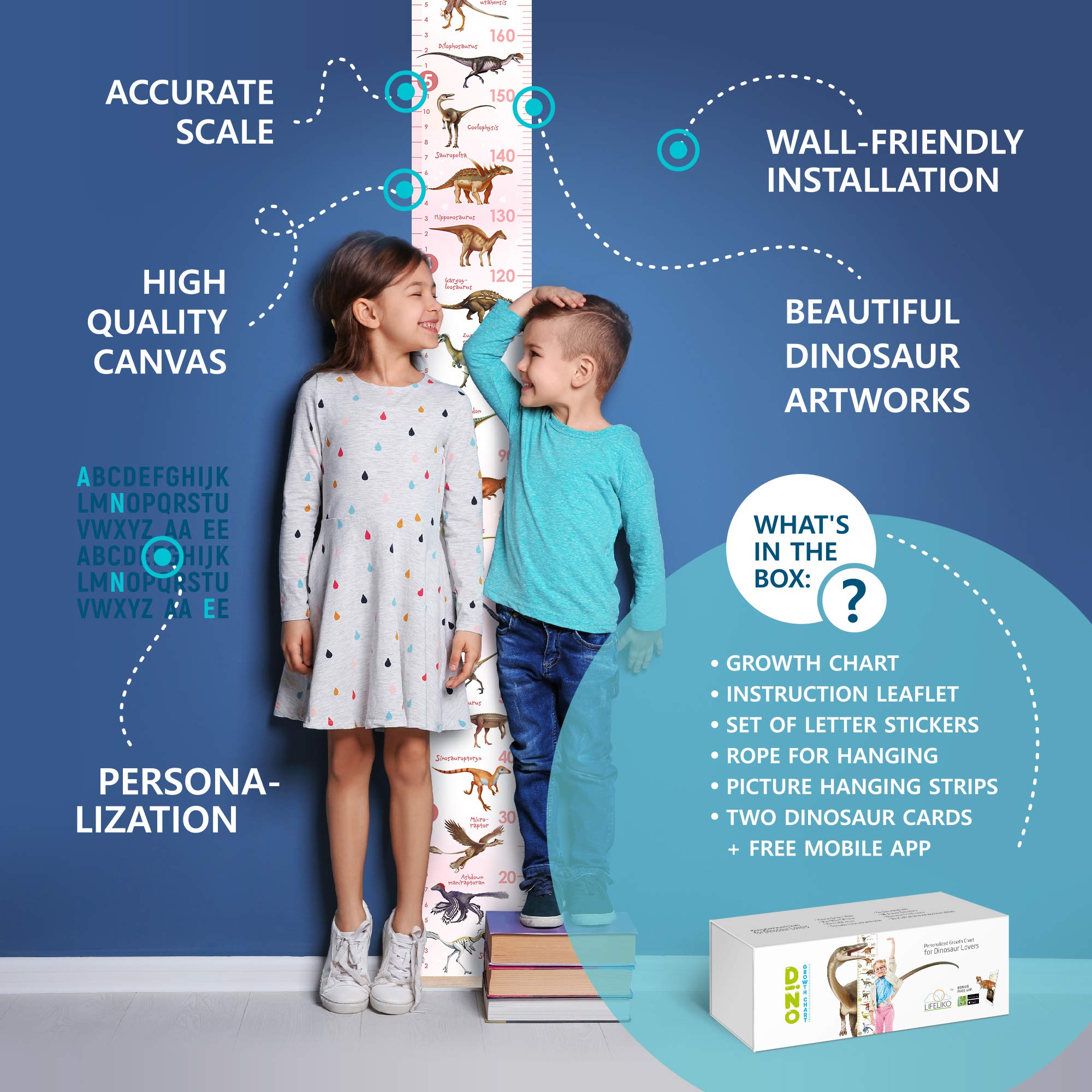 LIFELIKO growth chart with 19 dinosaurs adds playful bedroom decor and memory keeping.