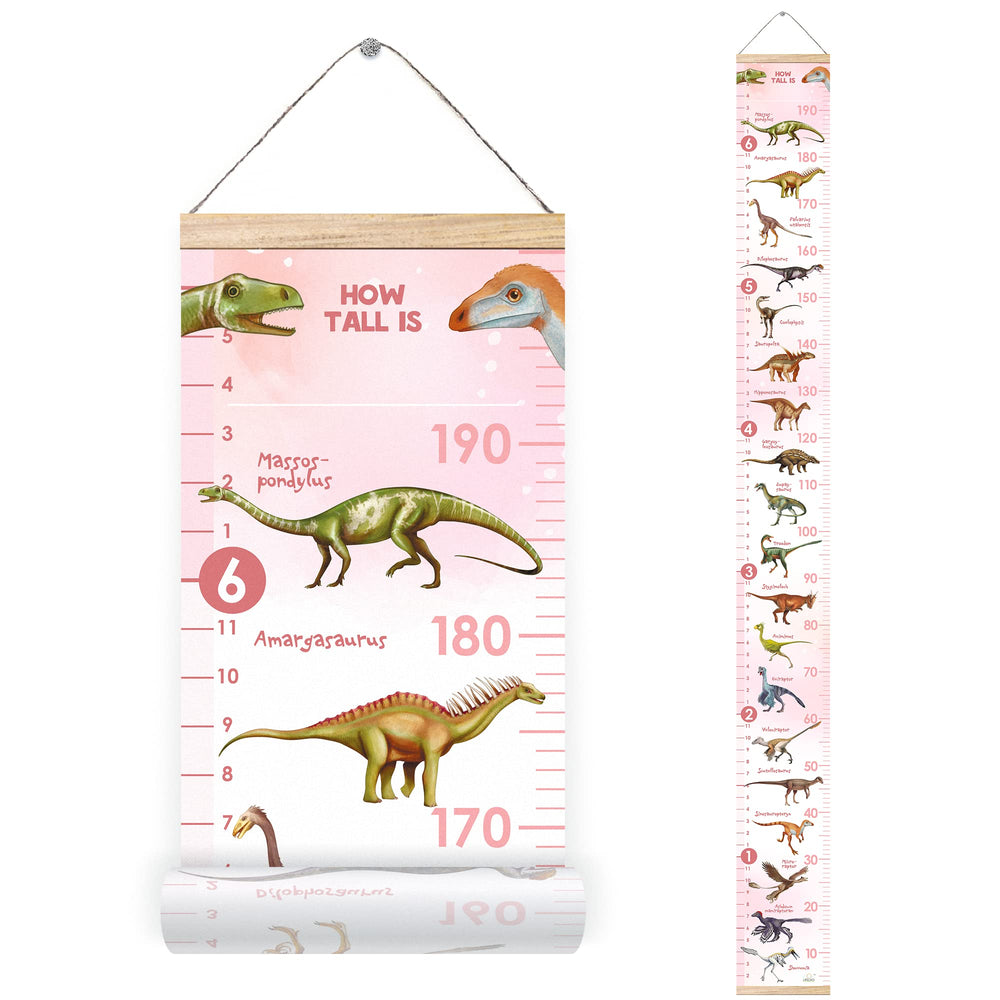 LIFELIKO growth chart pink unrolled with dinosaur illustrations for milestone tracking in a kids room.