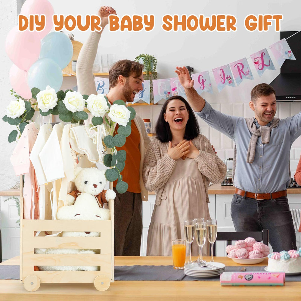 Lifesnug pushable baby gift basket on wheels simplifies party setup.