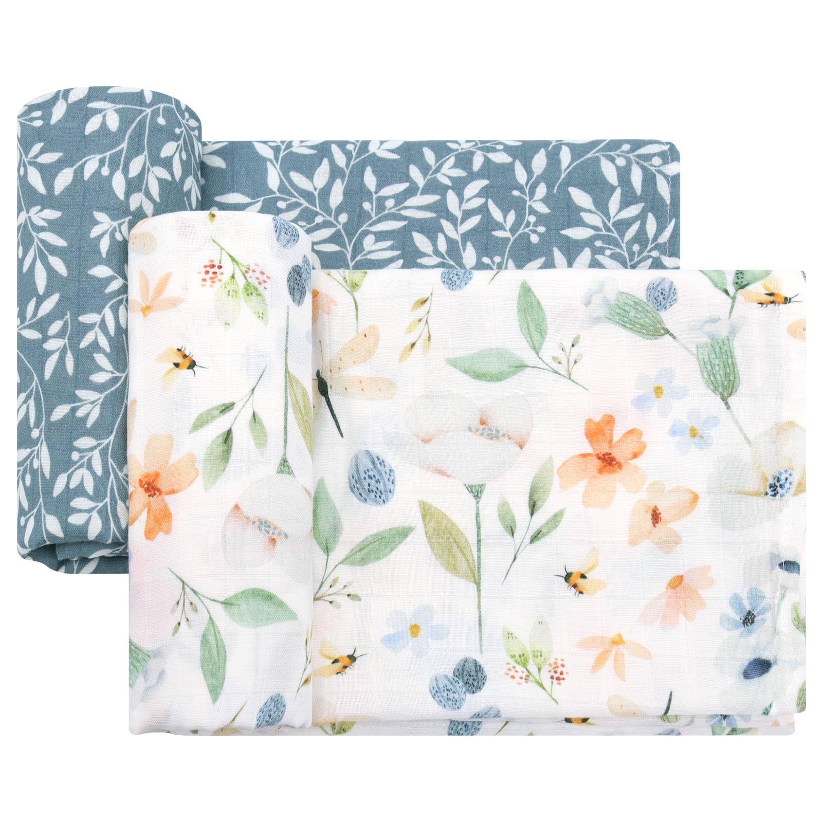 LifeTree baby swaddle blanket with blue floral leaf pattern keeps baby snug and cozy.