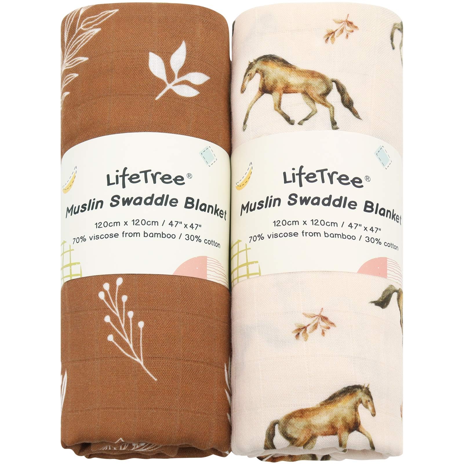 LifeTree baby swaddle blanket with horse design in 47x47 inches for snug swaddling comfort.