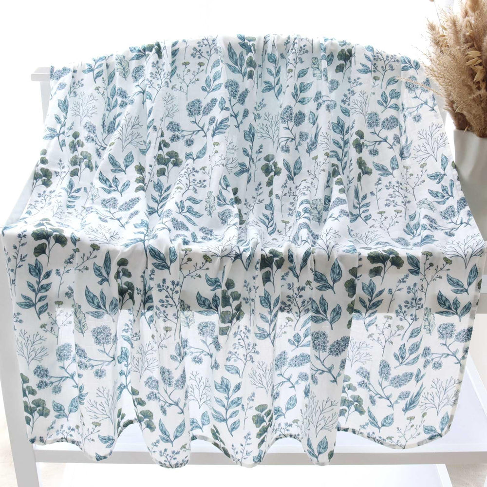LifeTree 47x47 swaddle blanket with blue-white porcelain design brightens nursery