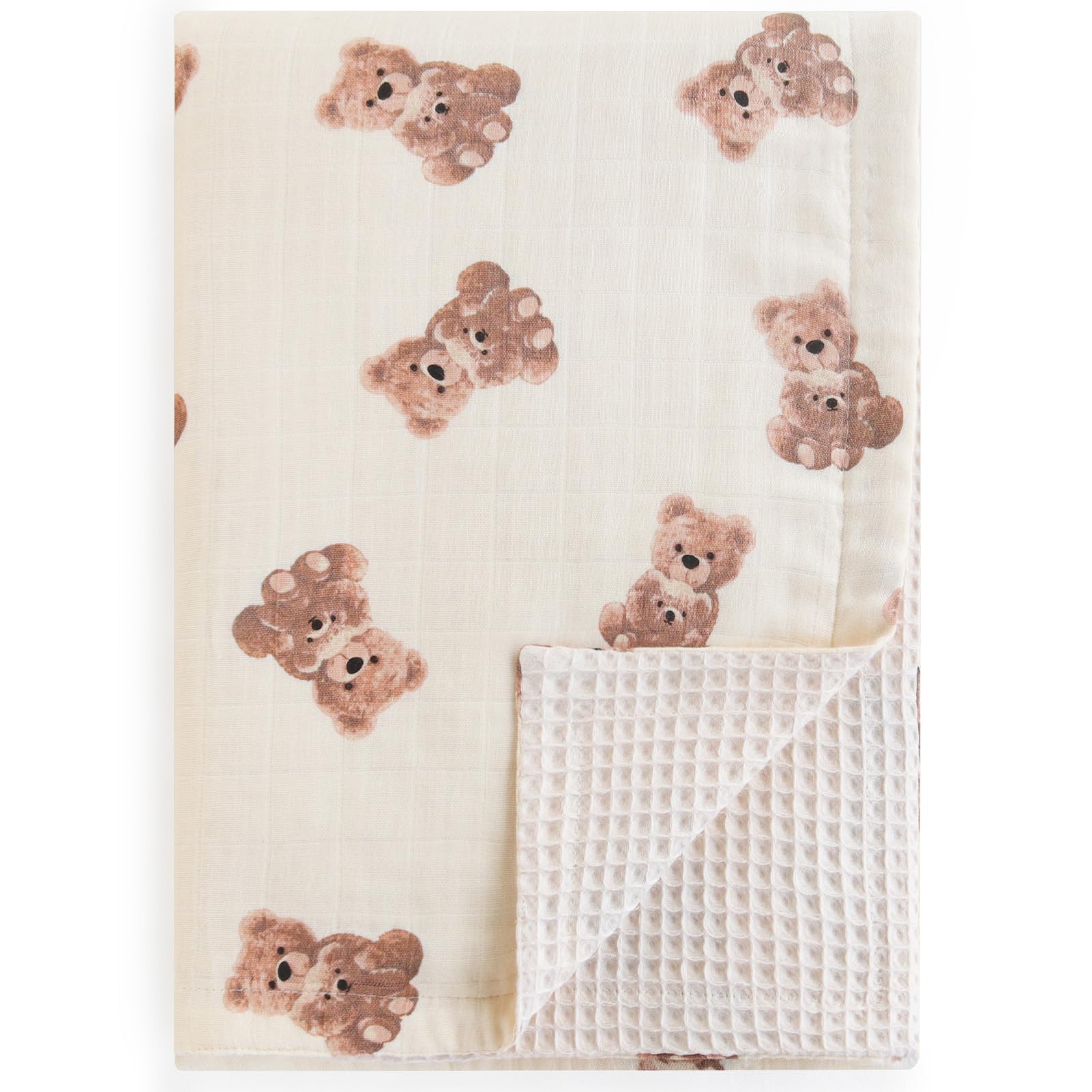 LifeTree bear-pattern waffle blanket front view, soft bamboo blend ideal for cozy swaddles