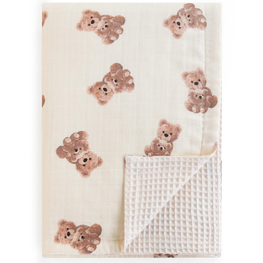 LifeTree bear-pattern waffle blanket front view, soft bamboo blend ideal for cozy swaddles