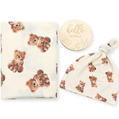 LifeTree bear-pattern swaddle set displays cozy newborn comfort for photos.