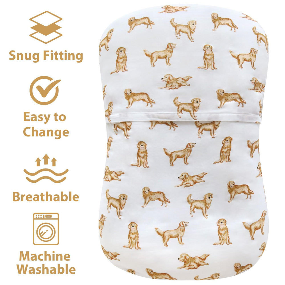 LifeTree cover envelope-closure design shows easy on/off and secure fit for infant loungers.