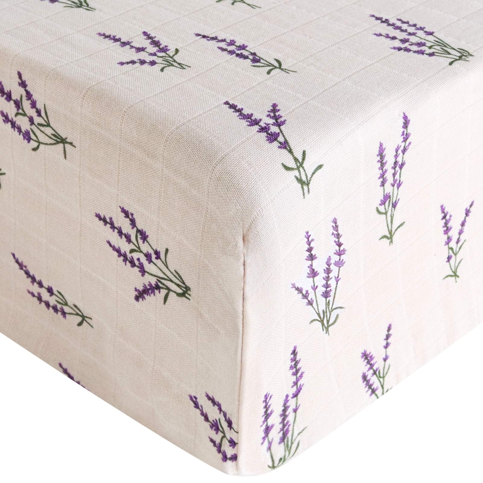 LifeTree crib sheets lavender pattern folded—soft breathable muslin for baby comfort.