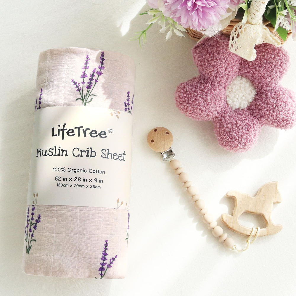 LifeTree lavender pattern nursery setting—calming aesthetic for baby's bedtime.