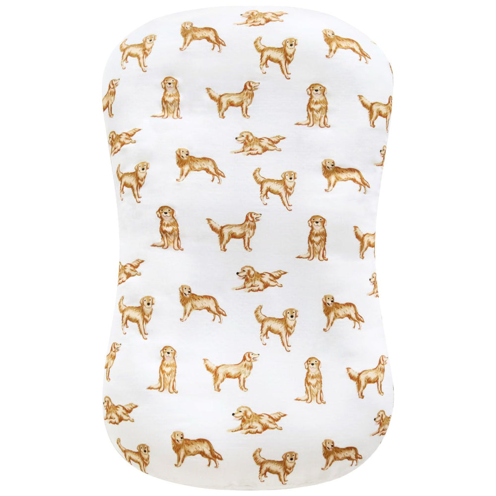 LifeTree muslin baby lounger cover with Golden Retriever pattern shows breathable fabric for newborn comfort.