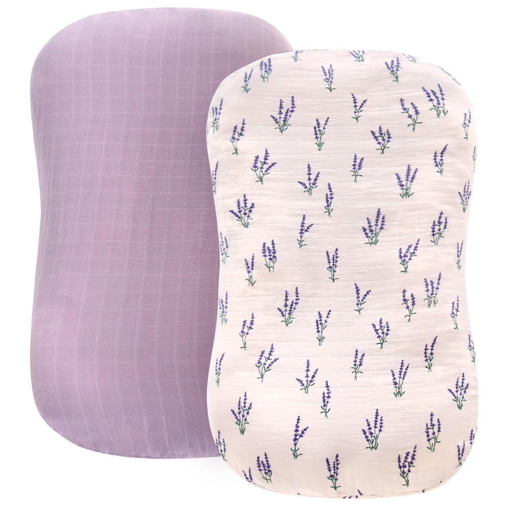 LifeTree muslin baby lounger cover with lavender mauve pattern for soft, breathable newborn comfort.