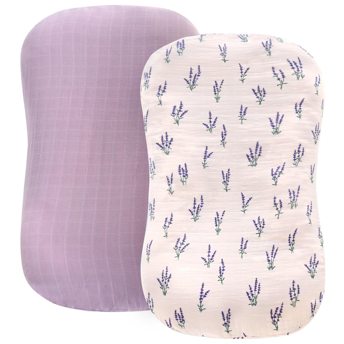 LifeTree muslin baby lounger cover with lavender mauve pattern for soft, breathable newborn comfort.