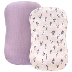 LifeTree muslin baby lounger cover with lavender mauve pattern for soft, breathable newborn comfort.