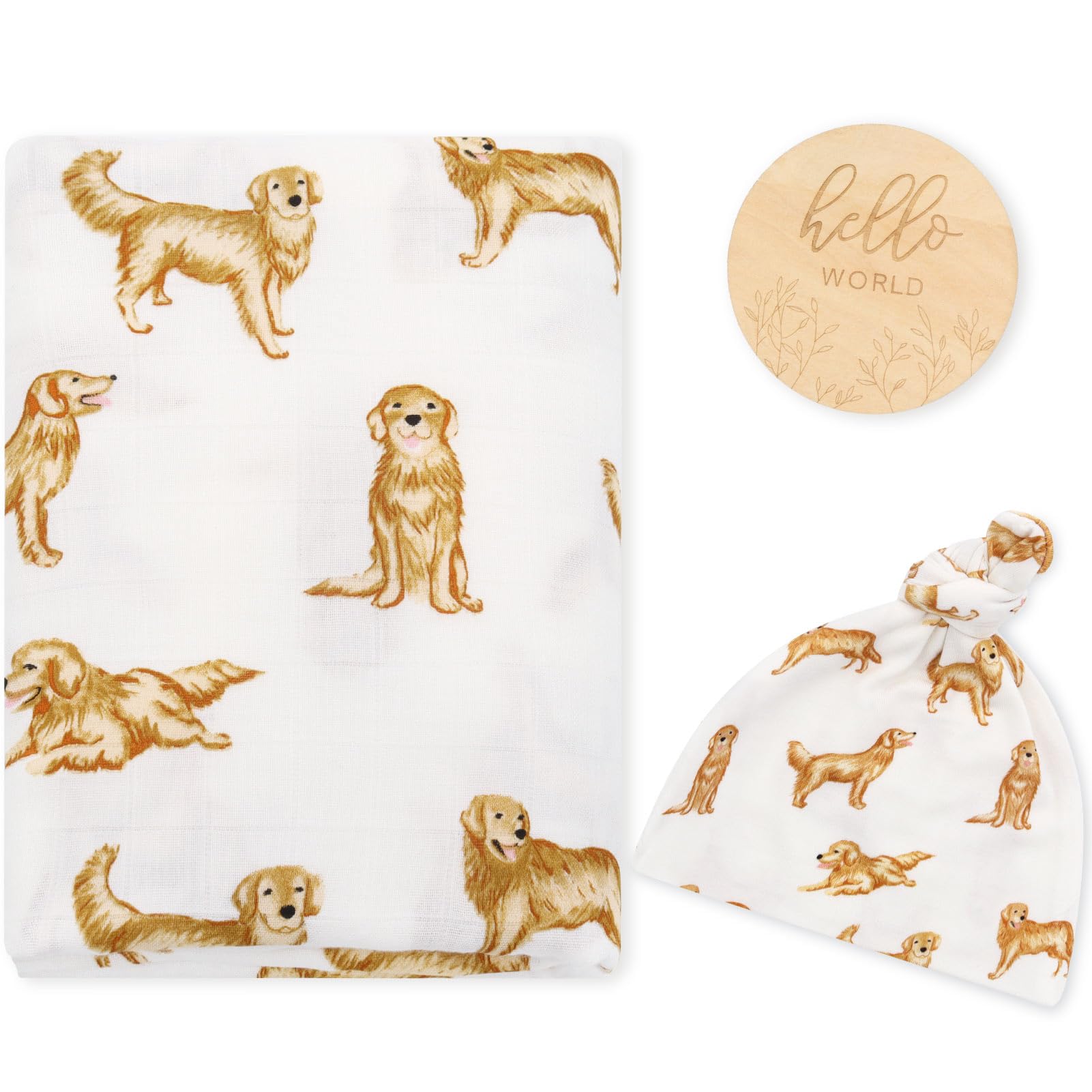 LifeTree muslin swaddle blanket with golden retriever pattern for newborn photos.