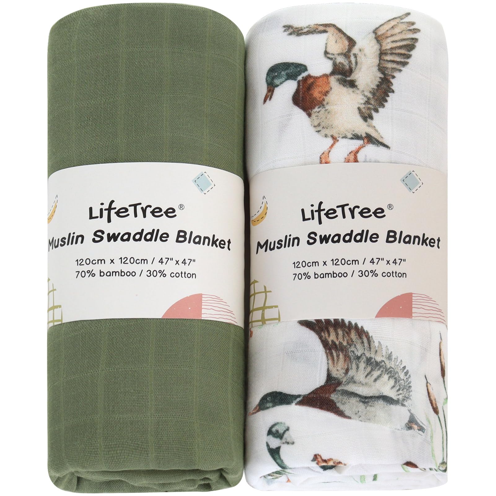 LifeTree muslin swaddle blanket Mallard Duck design promotes cozy, soothing swaddles.