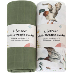 LifeTree muslin swaddle blanket Mallard Duck design promotes cozy, soothing swaddles.