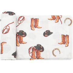 LifeTree muslin swaddle blanket cowboy boot print shows soft breathable fabric for gentle newborn comfort