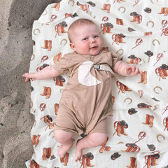 LifeTree muslin swaddle blanket western hat design highlights airy weave for gentle sleep support