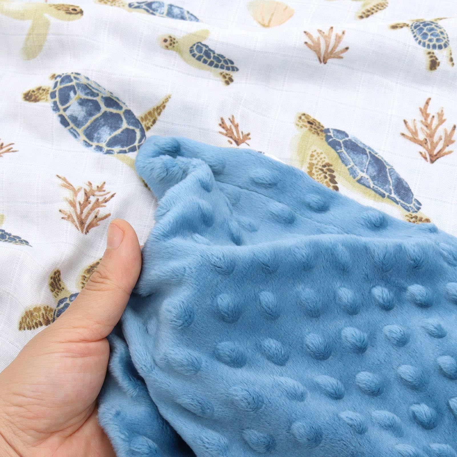 LifeTree Seaturtle blanket in stroller or crib use highlights multi-use design.
