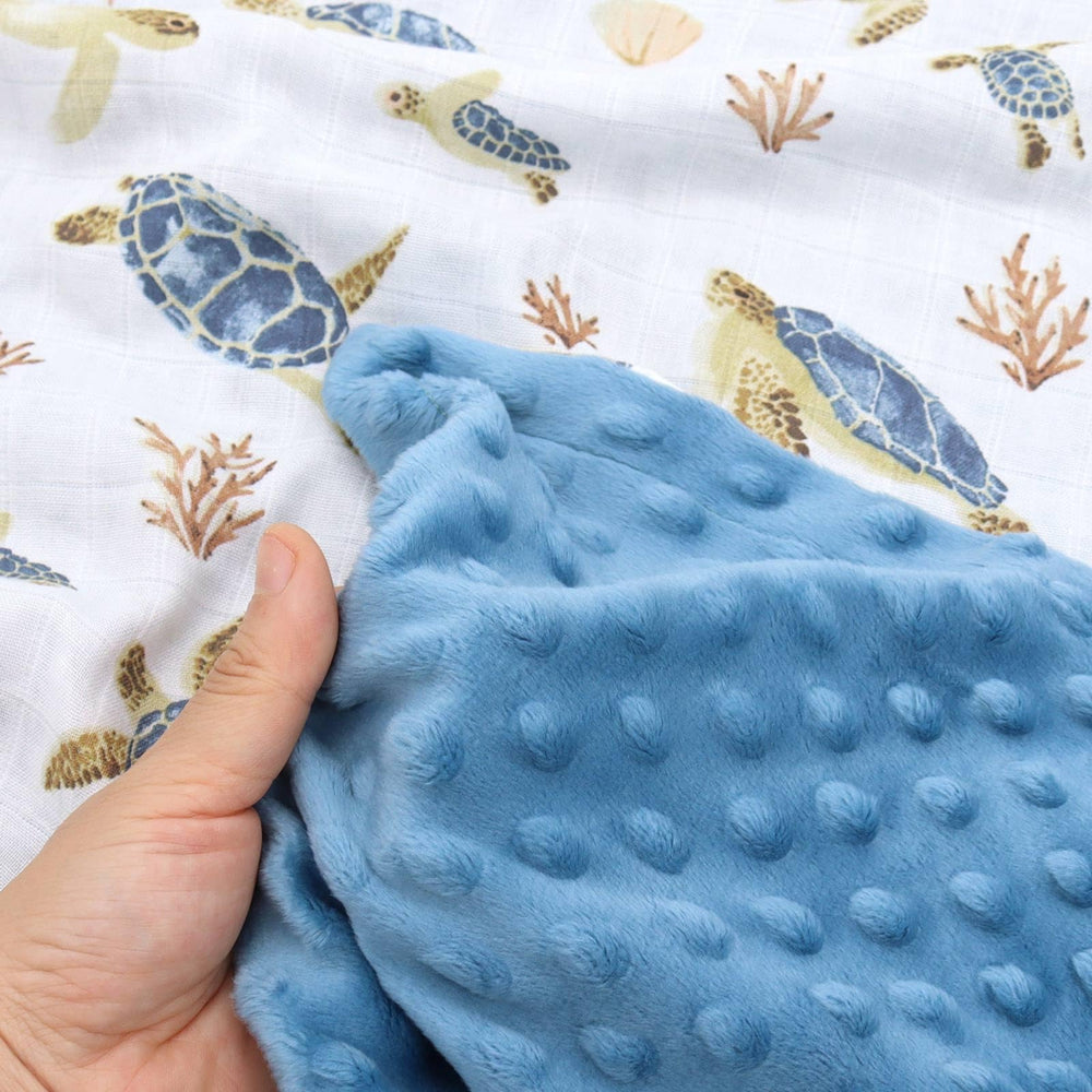 LifeTree Seaturtle blanket in stroller or crib use highlights multi-use design.
