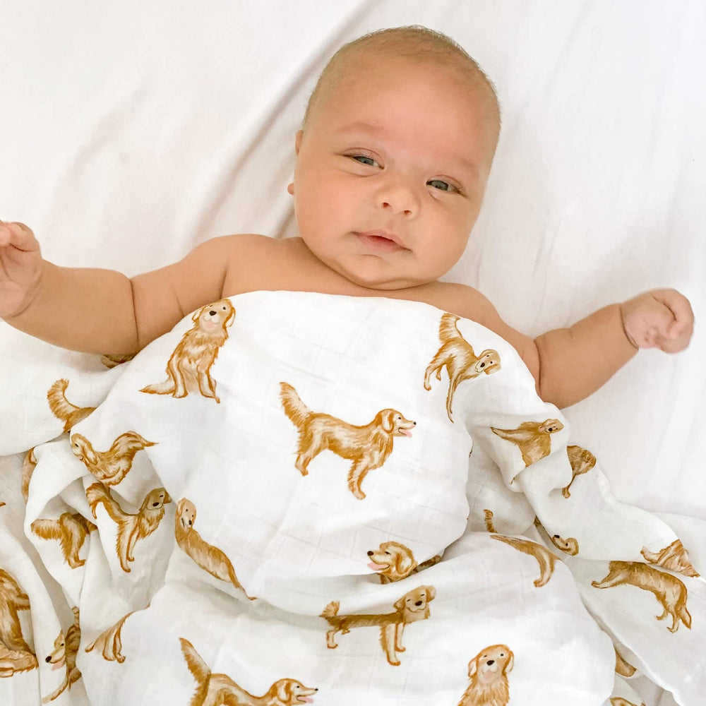 LifeTree swaddle design golden retriever close-up illustrates a playful baby gift for dog-loving families.