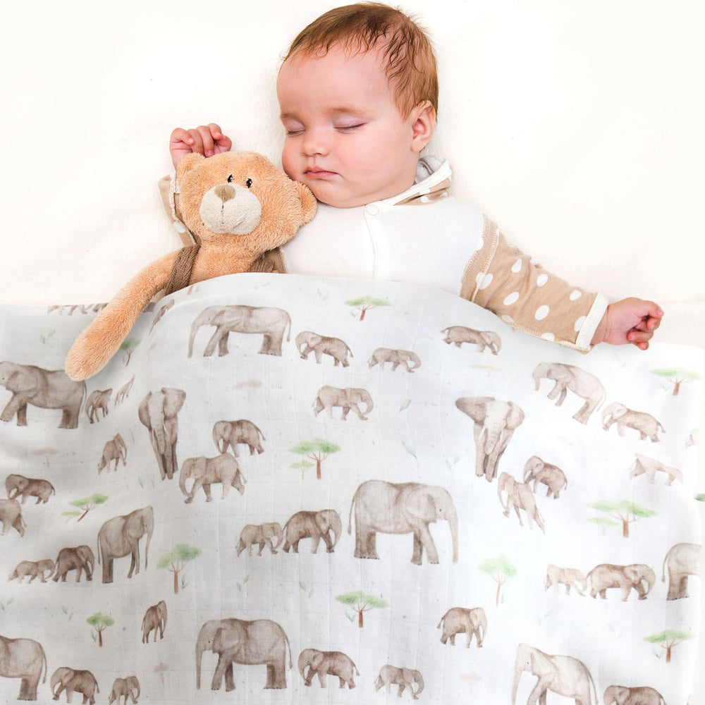 LifeTree elephant and tree pattern close-up highlights natural, trendy baby print.