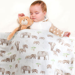 LifeTree elephant and tree pattern close-up highlights natural, trendy baby print.