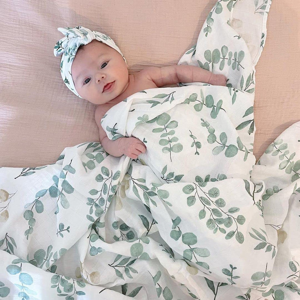 LifeTree swaddle set with matching hat and headband offers soft, breathable comfort for babies.