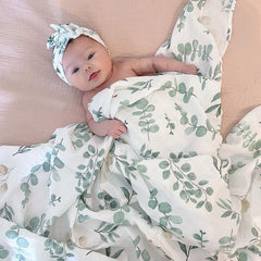 LifeTree swaddle set with matching hat and headband offers soft, breathable comfort for babies.