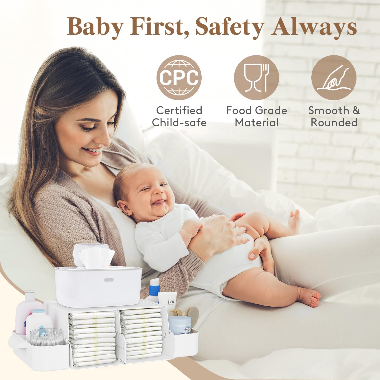 Lifewit diaper caddy side compartments organize creams and small tools.