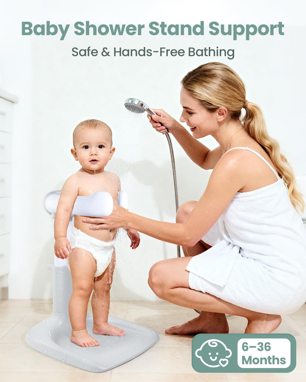 LIFVCNT baby shower stand side view gray highlighting stable support during bath
