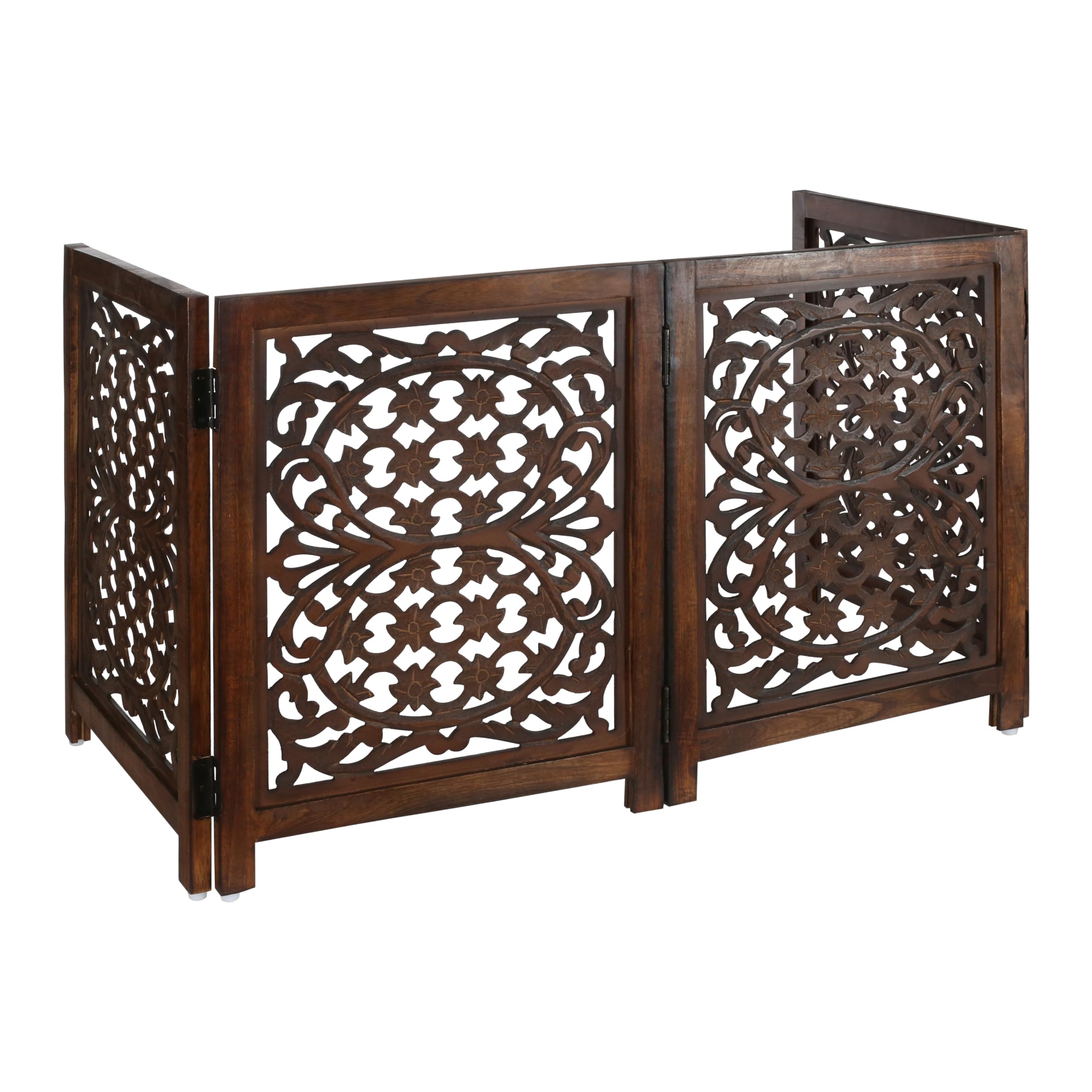 Lightnpro foldable carved wood dog gate in hallway demonstrates space-saving freestanding design.