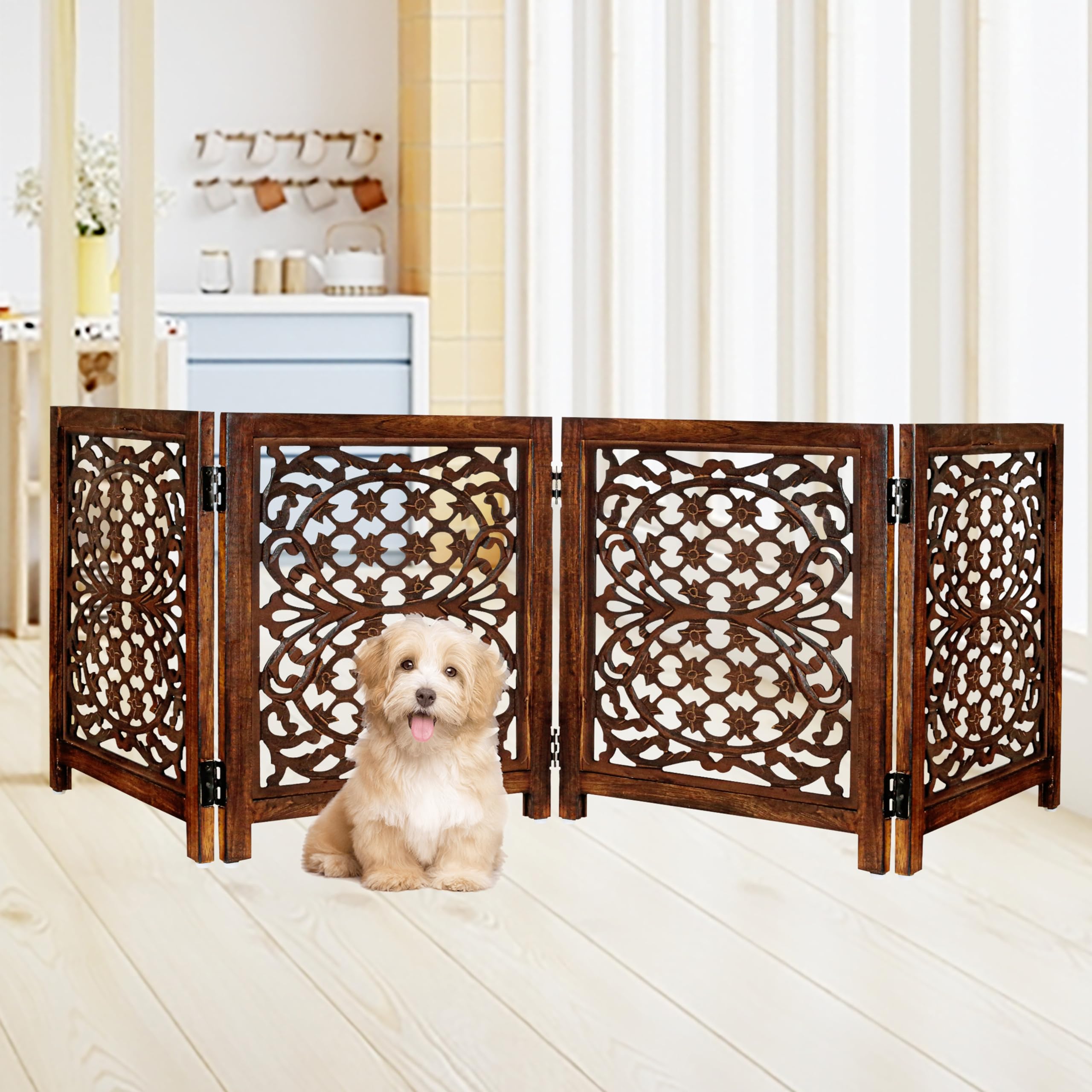 Lightnpro foldable carved wood dog gate on stairs offers flexible containment.