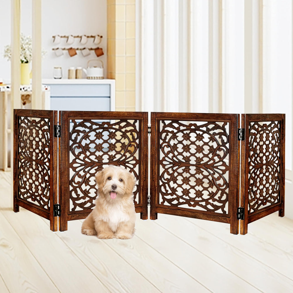 Lightnpro foldable carved wood dog gate on stairs offers flexible containment.