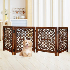 Lightnpro foldable carved wood dog gate on stairs offers flexible containment.
