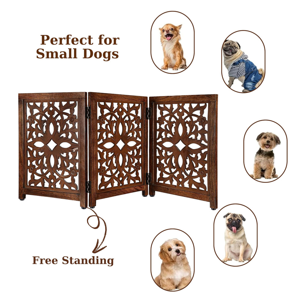 Lightnpro carved wooden detail on the gate adds warm decor while keeping pets contained.
