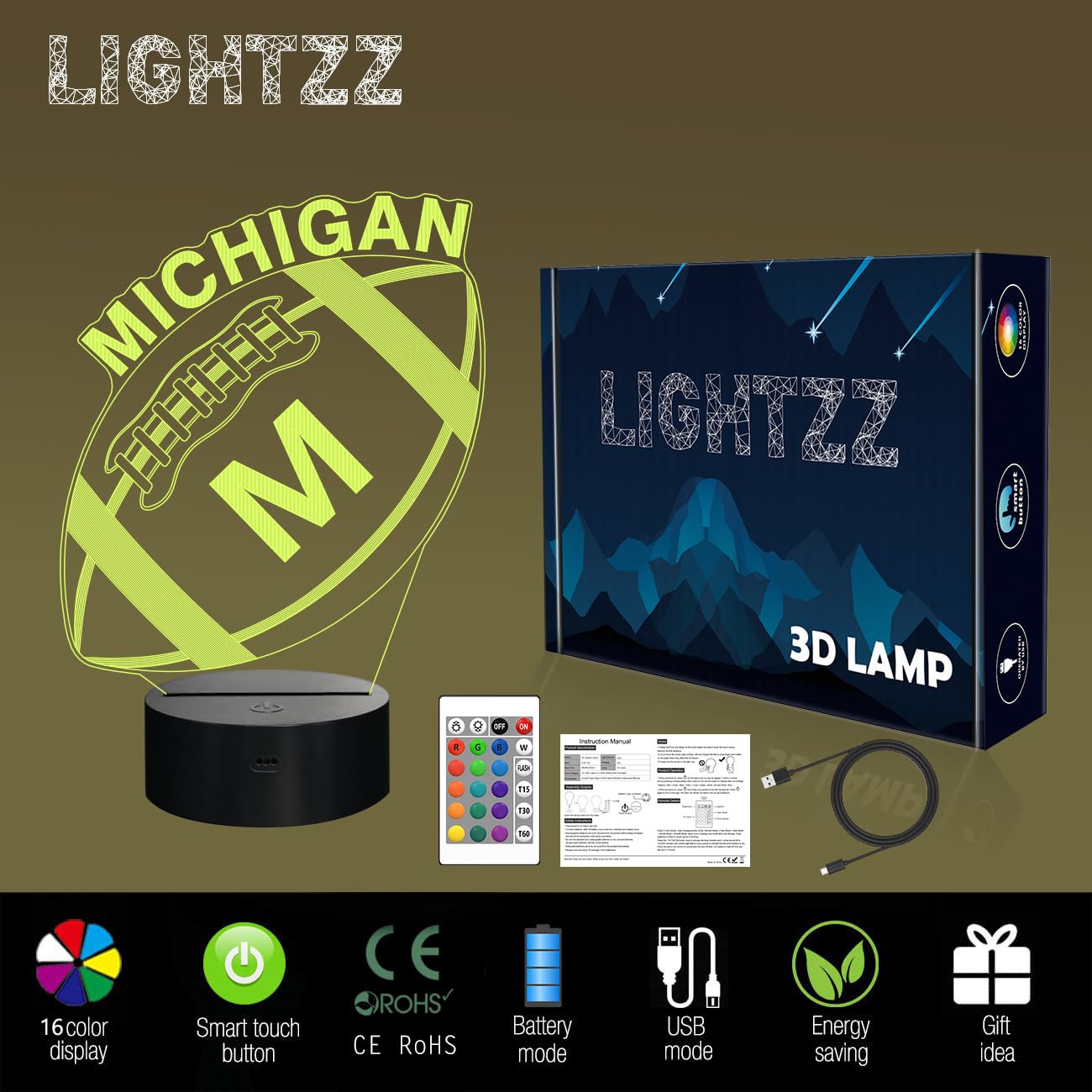 Lightzz 3D Football Michigan Night Light LED Glow provides soft, safe illumination for night-time comfort.