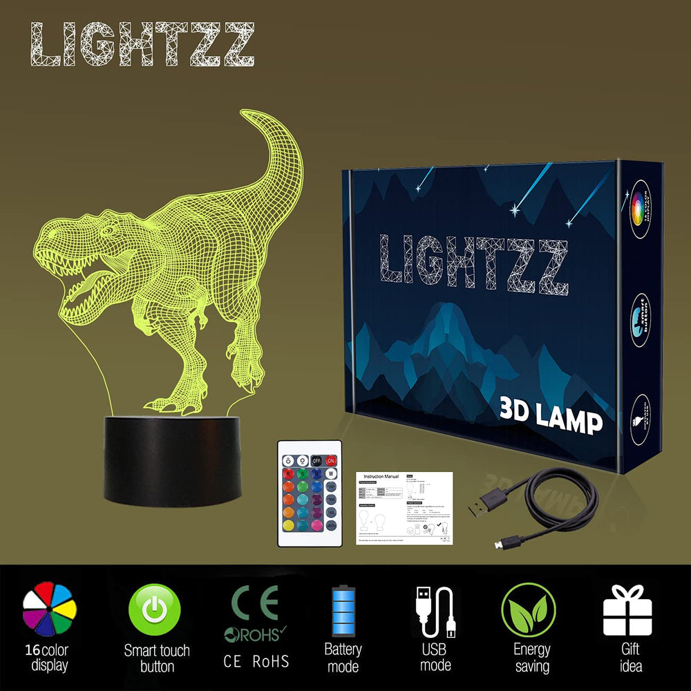Lightzz dinosaur 3D T-Rex night light with 16 color options for mood filming.
