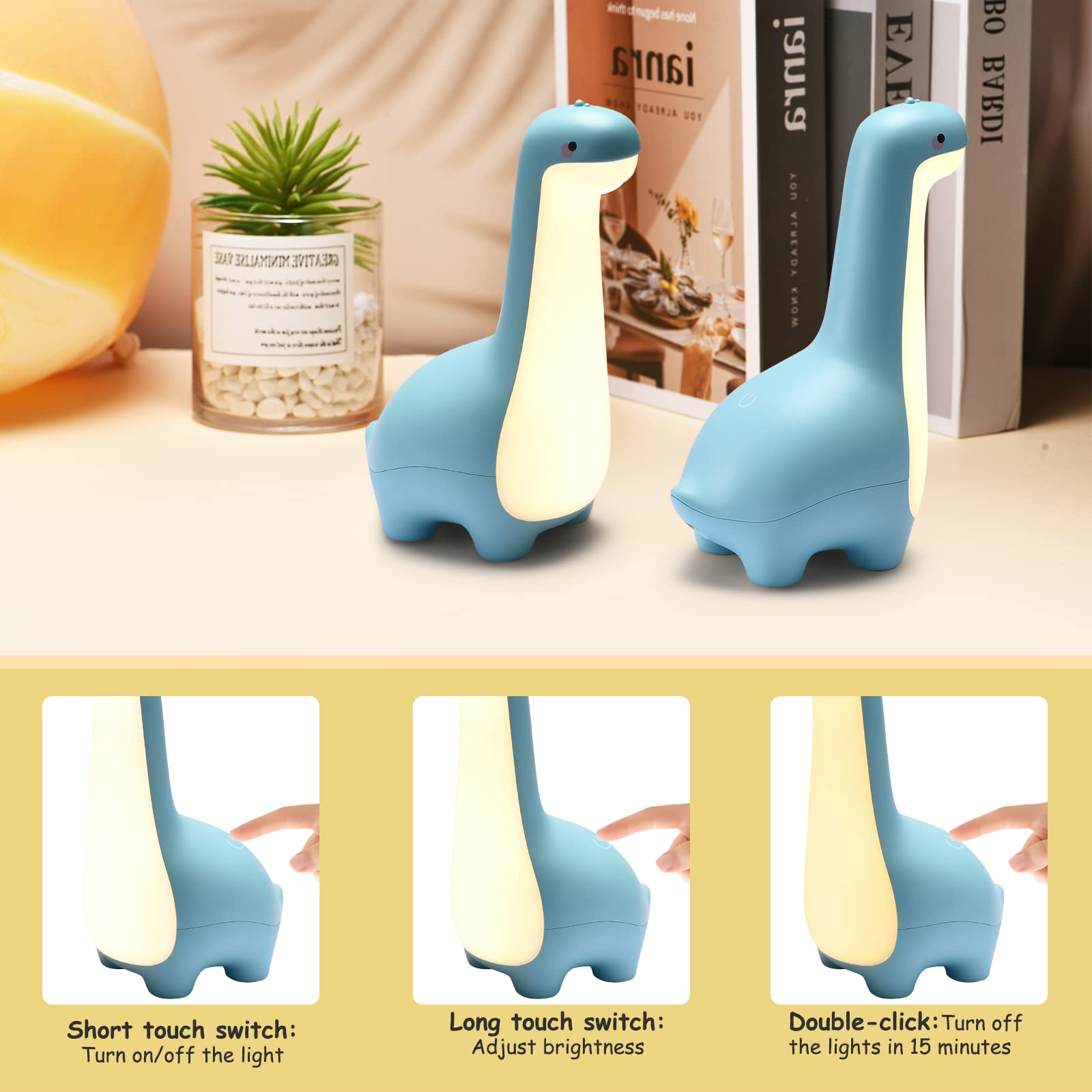 Ligitive dinosaur night light side tilt; friendly glow in a kid's room